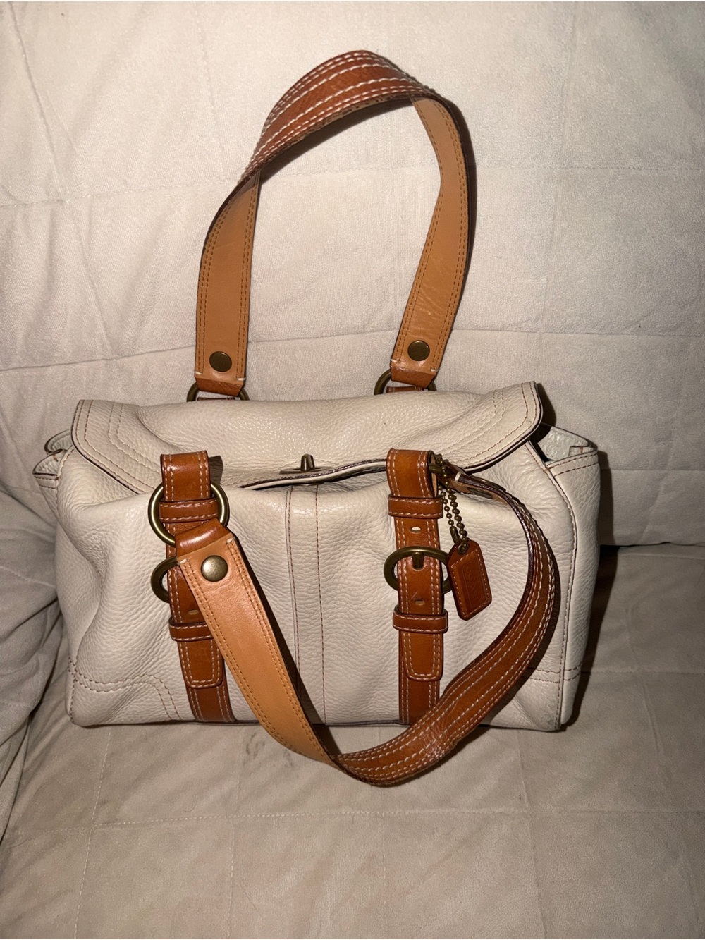 Coach Cream Leather Satchel with Tan Trim